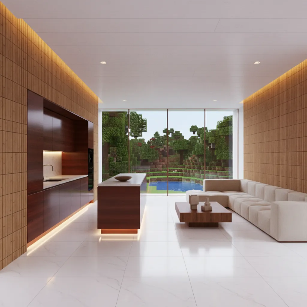 A sleek modern Minecraft home interior featuring quartz walls, bamboo paneling, and hidden lighting.