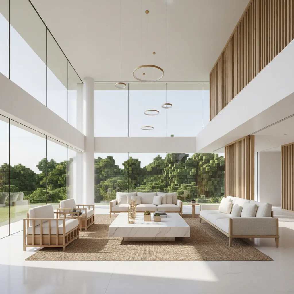 A sleek modern Minecraft inspired living room featuring white quartz and bamboo textures.