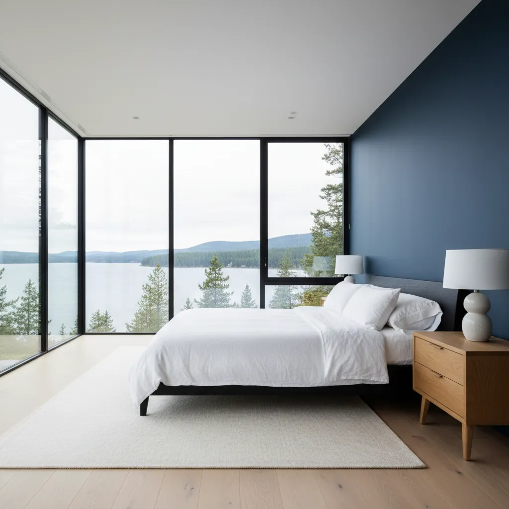 Modern minimalist lake bedroom featuring a Benjamin Moore Hale Navy accent wall and large windows