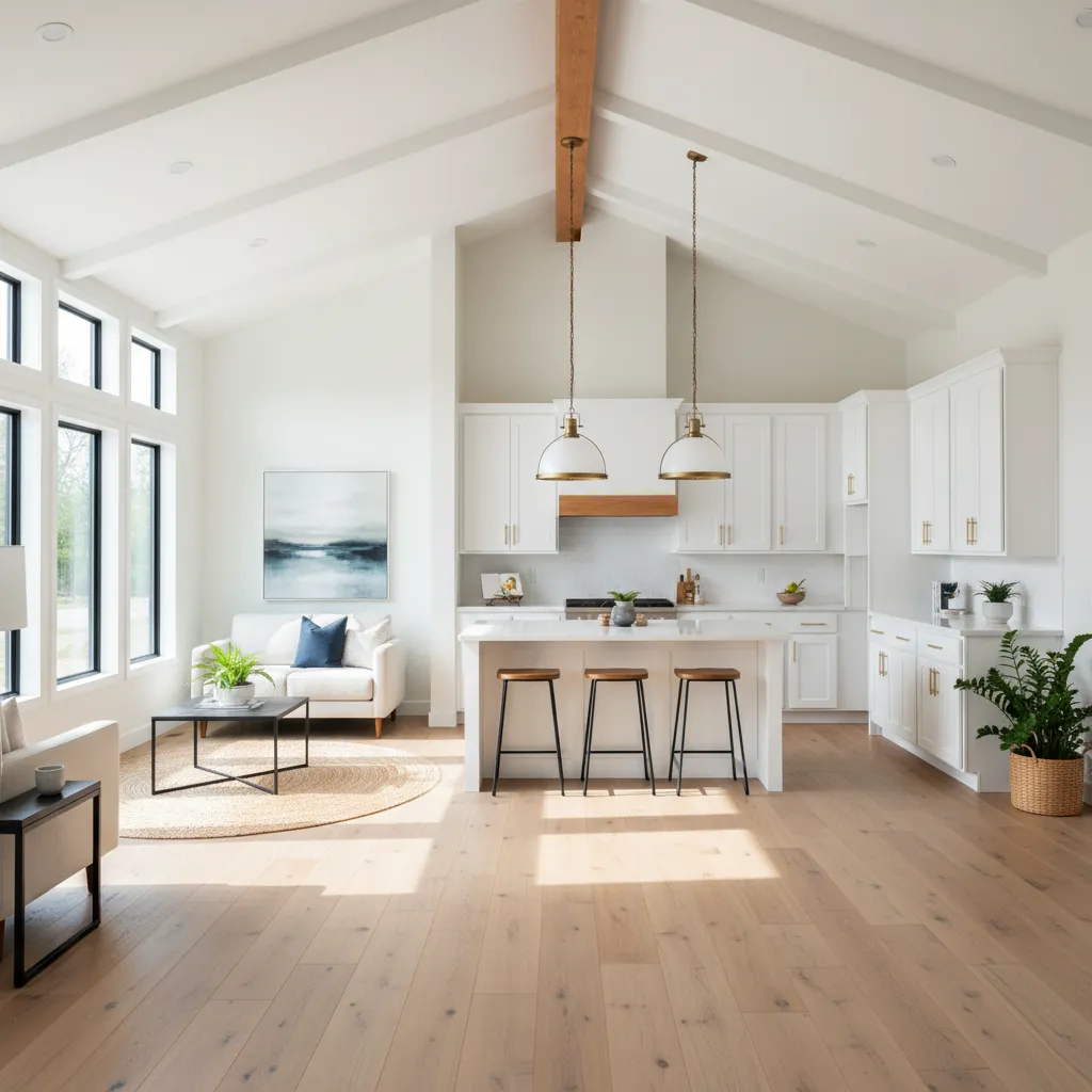 A renovated mobile home interior showing an open-concept kitchen with white cabinets, a cedar beam, and sunlit living space.