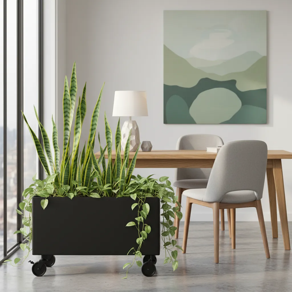 A modern office featuring portable planters and lush green indoor plants next to an oak desk