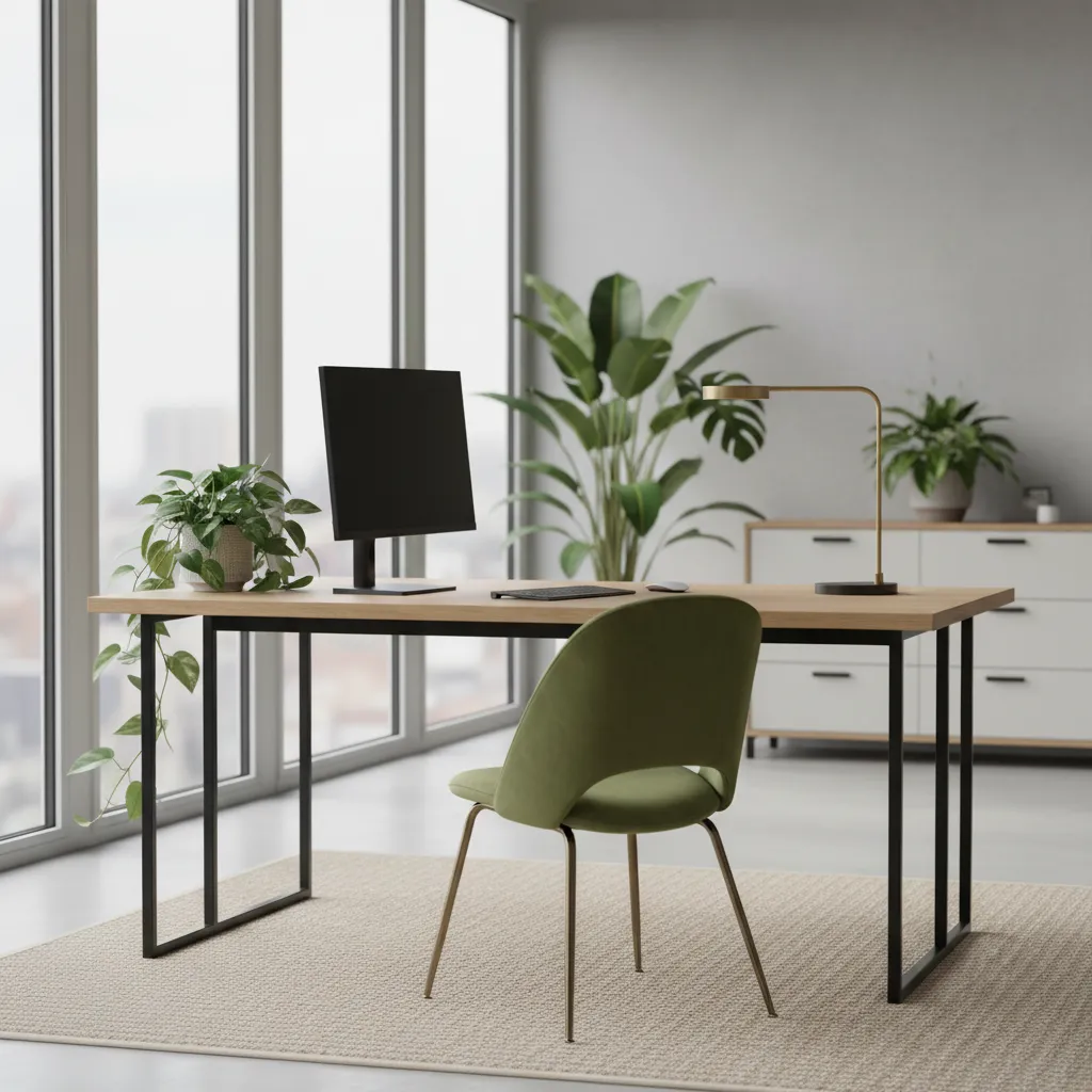 A contemporary workspace featuring a modular oak desk, olive velvet chair, and indoor plants for a modern office setup.