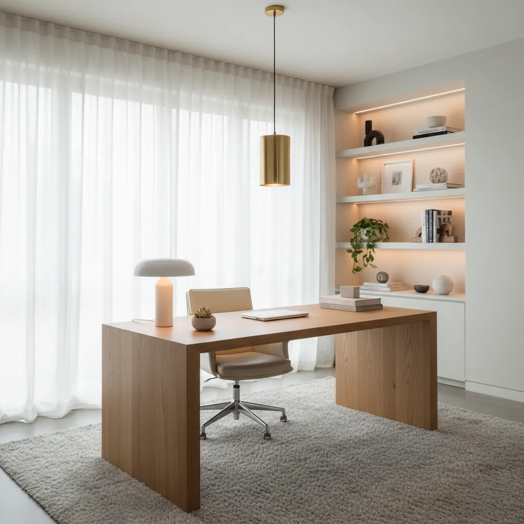 A modern office bathed in natural sunlight with a brass pendant fixture over a wooden desk.