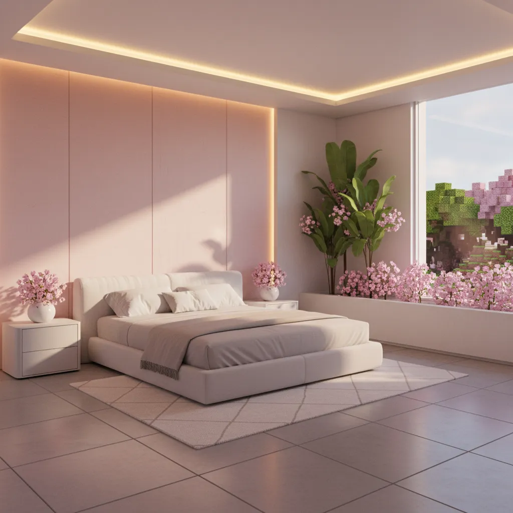Modern master suite with soft pink lighting and minimalist furniture