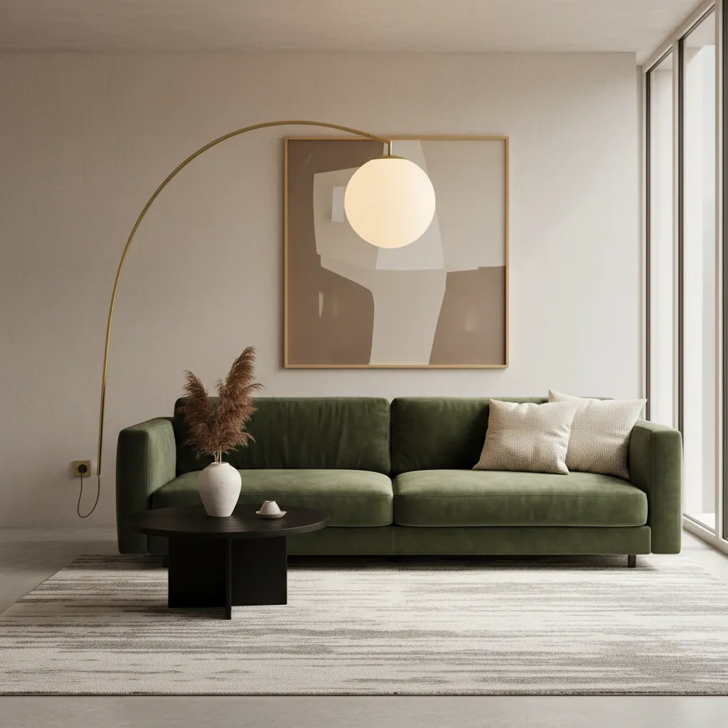 Curved brass plug-in wall sconce arching over a velvet sofa in a modern living room.