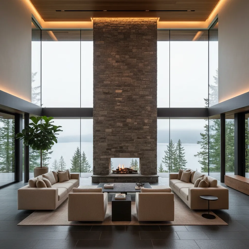 Modern rustic living room featuring a large stone fireplace and sleek minimalist furniture overlooking a lake