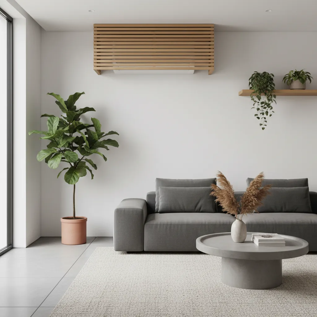 A decorative light oak slatted wood cover used to camouflage a split AC unit on a living room wall while maintaining airflow.