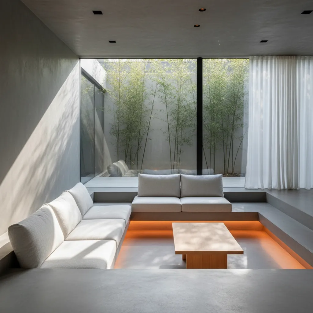 Sleek modern sunken lounge pit with concrete textures and warm lighting