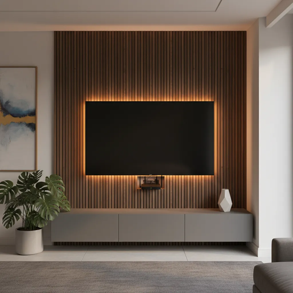 Sleek living room with wall mounted TV hiding an internet router