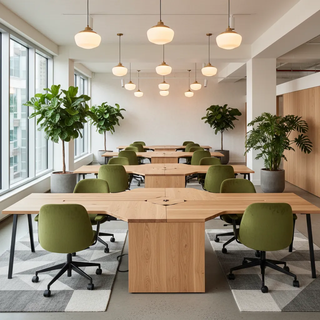 Modern office space with modular oak desks and ergonomic velvet chairs under brass lighting