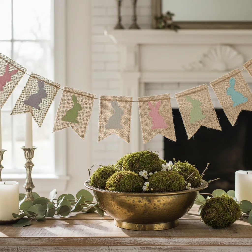 Moss Covered Easter Egg Decor Green moss eggs in a brass bowl for spring decor