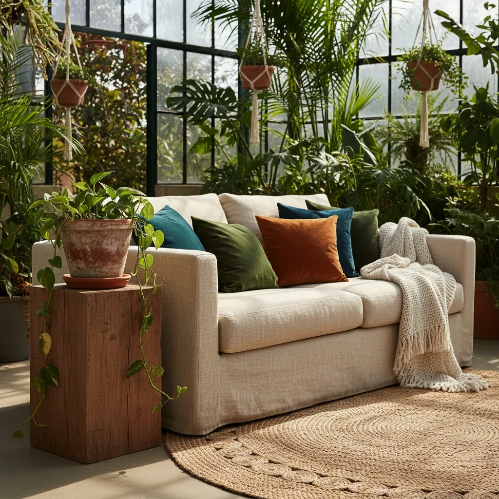 Linen sofa with velvet pillows and wooden accents in a green living room