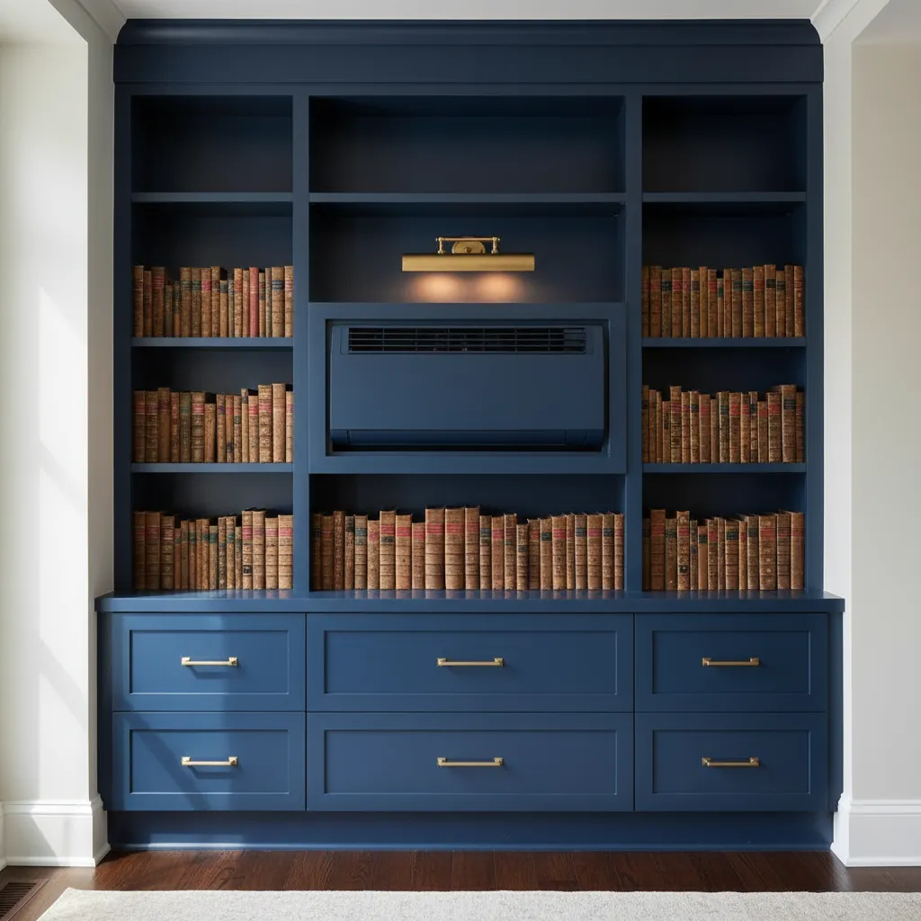 Navy Built-in Shelf for AC Dark navy built-in shelving unit camouflaging a split AC unit with brass accents.
