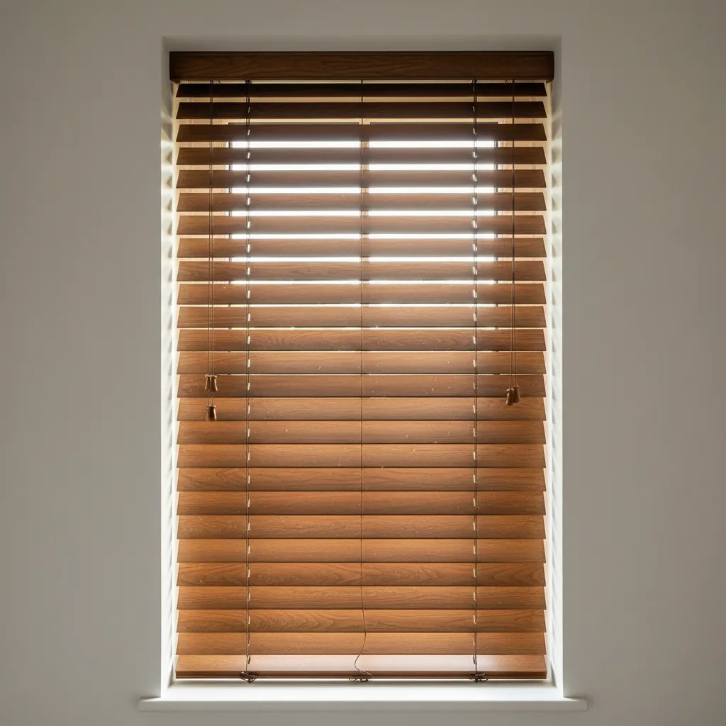 Oak Blinds Edge Light Leakage Close up showing light bleeding around the edges of wooden bedroom blinds