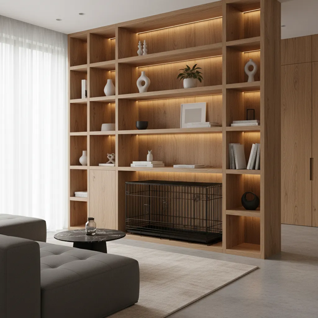 Oak Shelving Dog Crate Idea Dog crate hidden under modern living room oak built-in shelves
