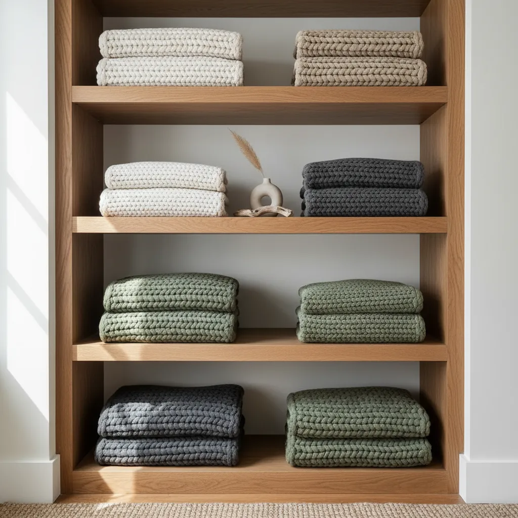 Oak Shelving For Blanket Storage Close up of oak shelves organizing folded blankets