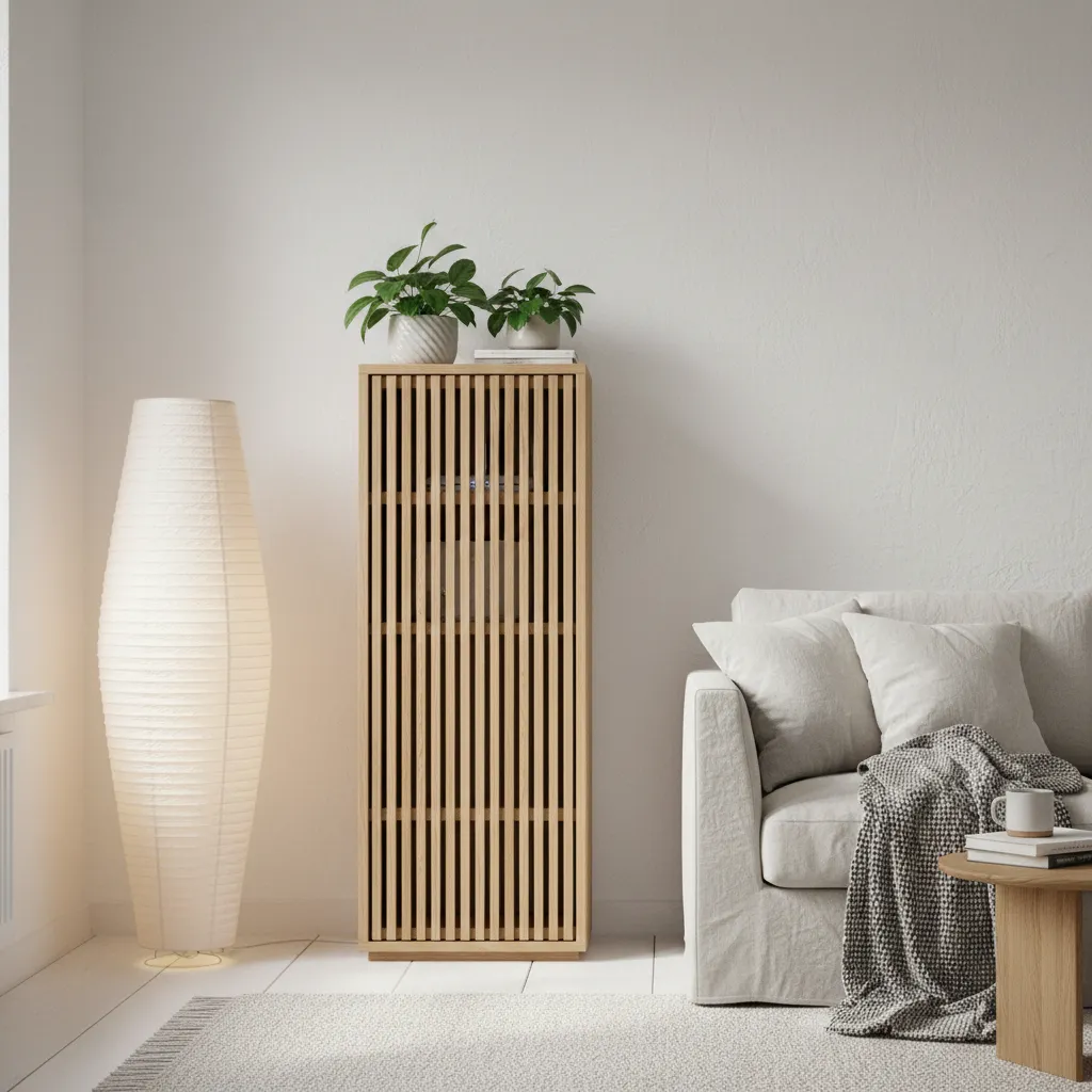 Light oak slatted wood cabinet hiding a wifi router in a minimalist Scandinavian living room with soft lighting