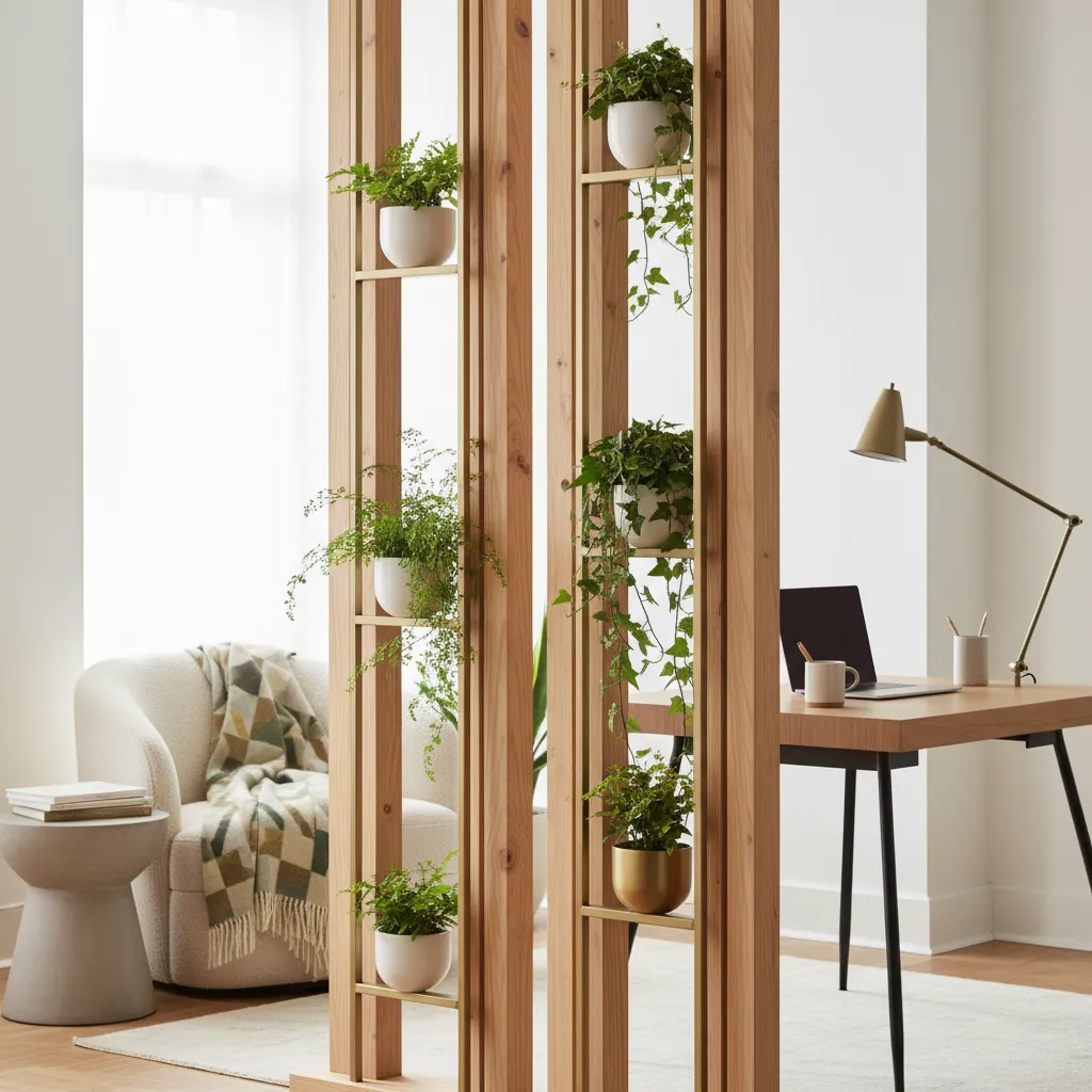 A modular wooden room divider holding potted indoor plants in a modern office