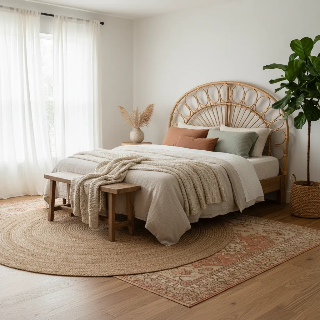 Organic boho lake house bedroom featuring a rattan headboard and layered jute rugs