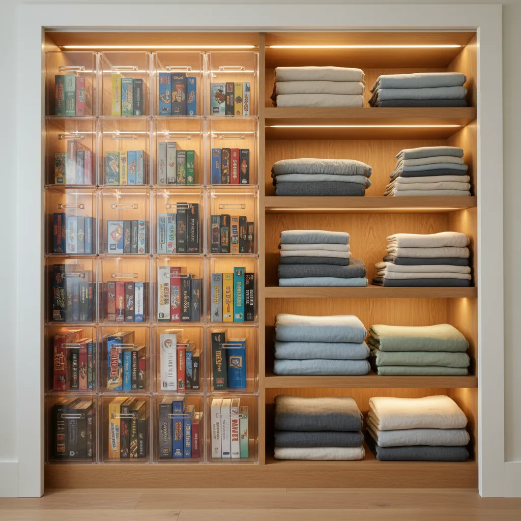 Organized Living Room Closet Zones A split living room closet showing board games on one side and cozy folded linens on the other