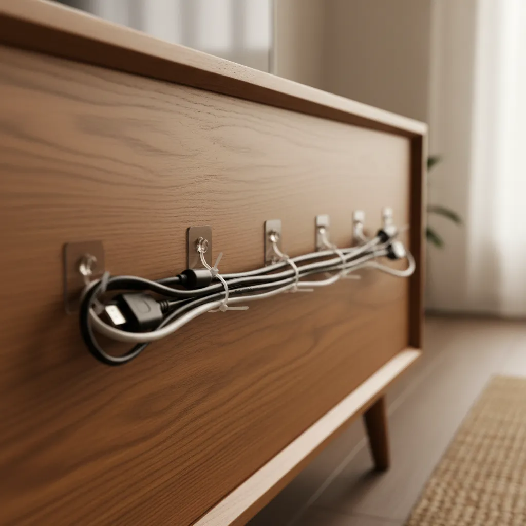 Close up of neat TV cables secured to the back of a wooden media console using clear hooks