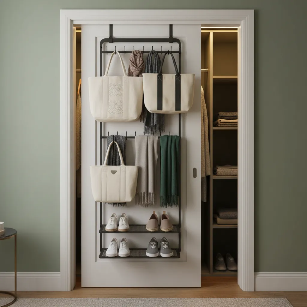 Over the Door Closet Organizer for Living Room Matte black over the door organizer holding scarves and shoes in a modern living room closet