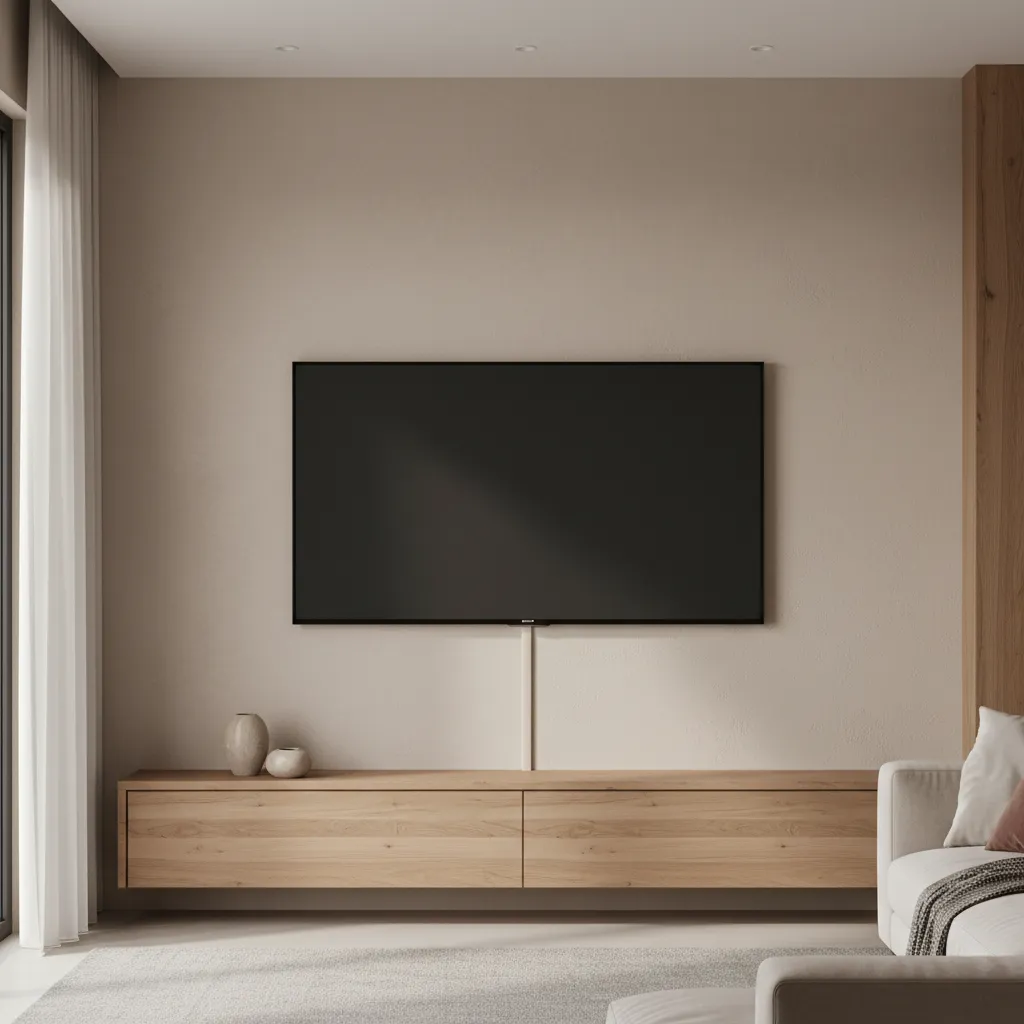 A sleek living room featuring a mounted TV with a paintable cord cover blending perfectly into the beige wall.