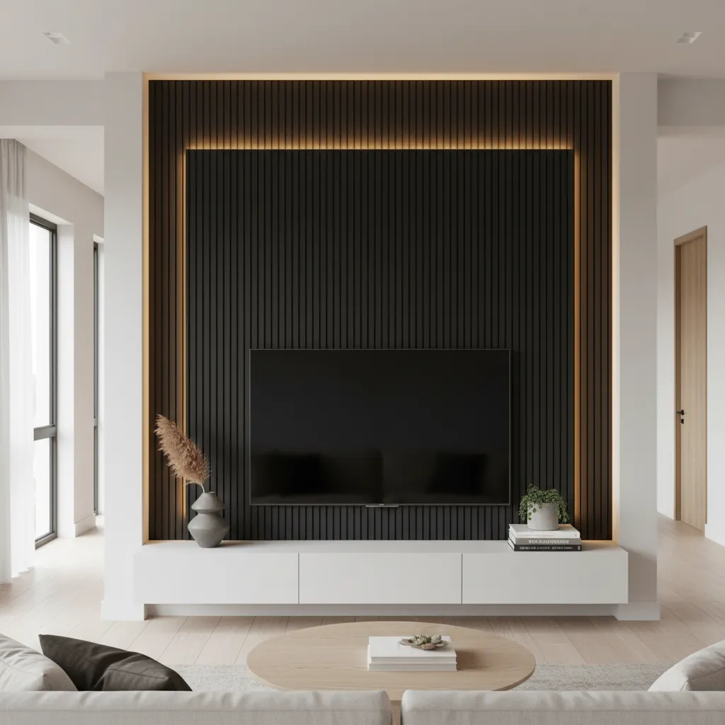 Sleek modern media wall designed with peel and stick acoustic wood panels