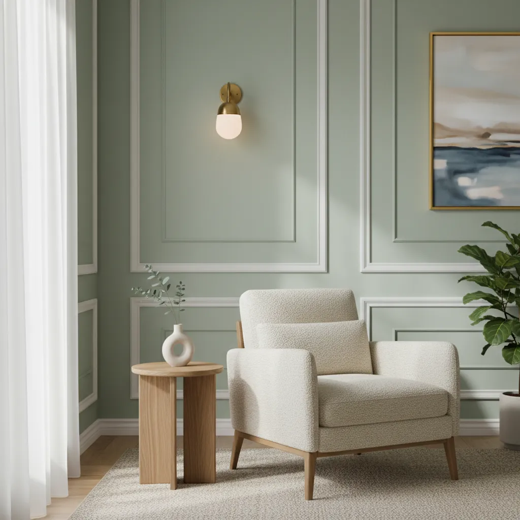 Living room corner featuring perfectly proportioned peel and stick picture molding