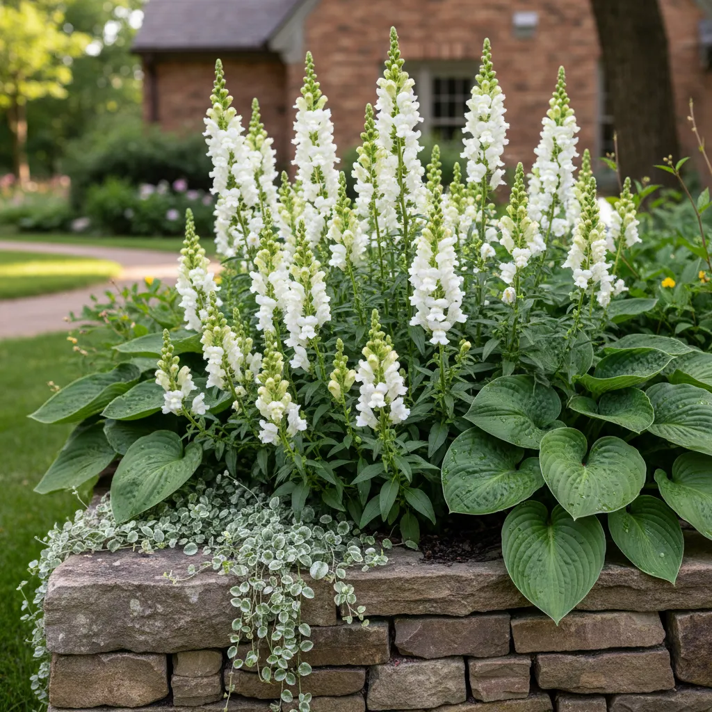 White snapdragons and silver vines in a mixed garden border
