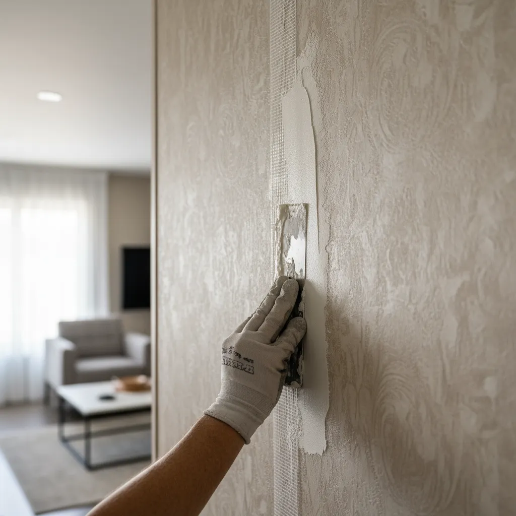 Prepping Mobile Home Walls Close up of mobile home wall seams being taped and mudded after strip removal