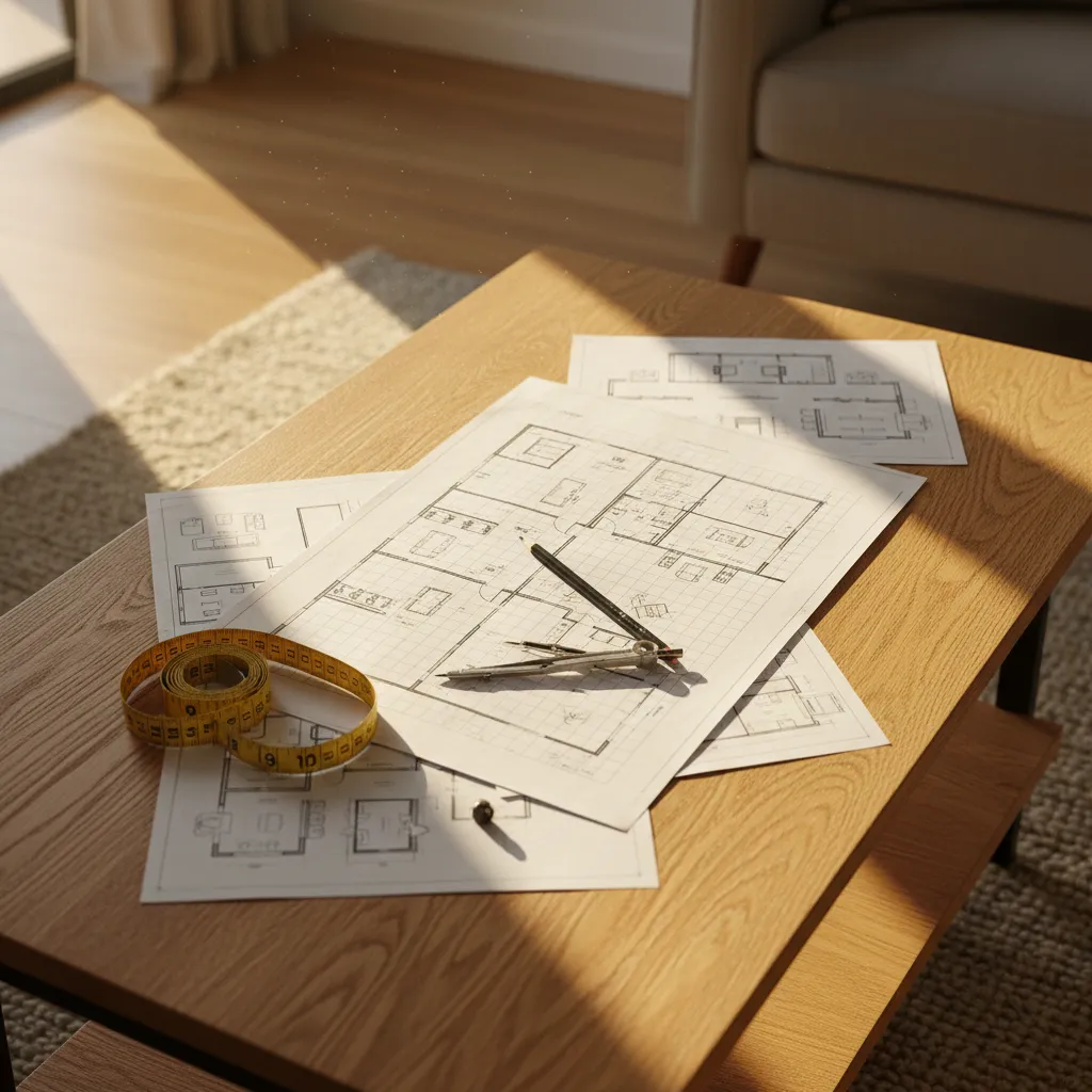 Printable Grid Planner On Oak Table Paper grid planner for living room layout on a wooden table