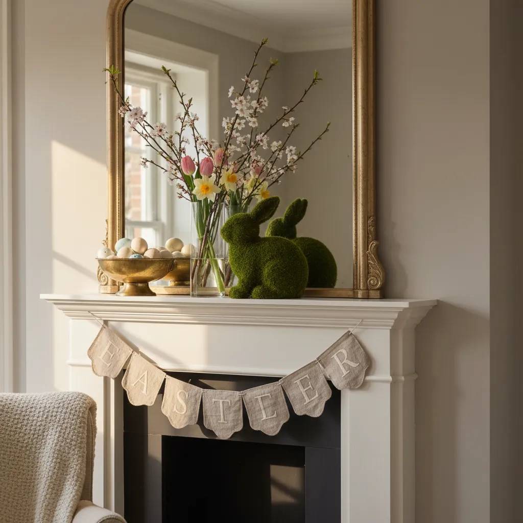 A curated Easter mantle display with moss eggs, spring branches, and a linen banner.