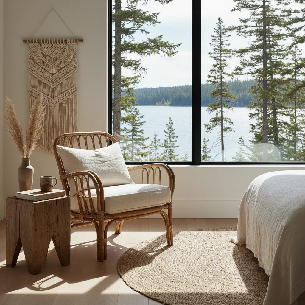 Vintage rattan chair in a sunlit corner of a lake house bedroom