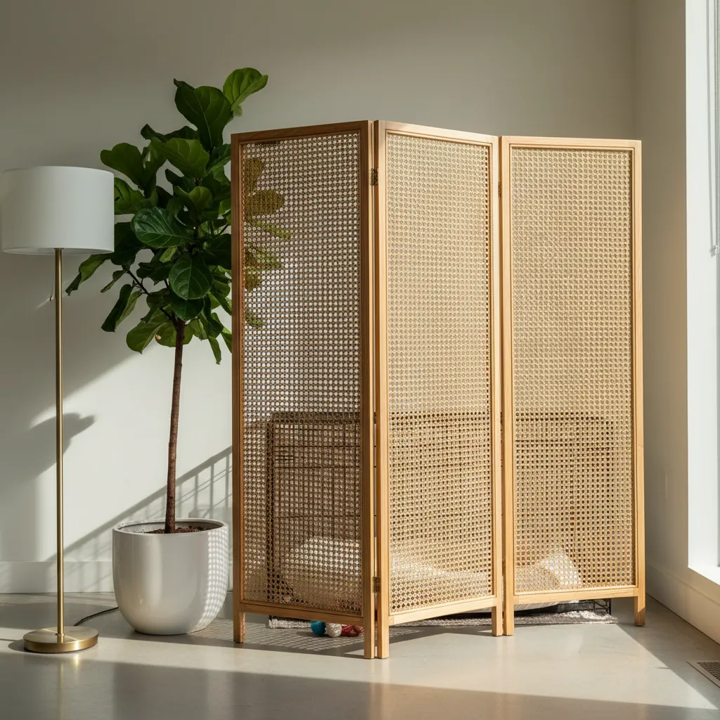 Rattan Folding Screen Decor Woven rattan folding screen used to divide a modern living room space