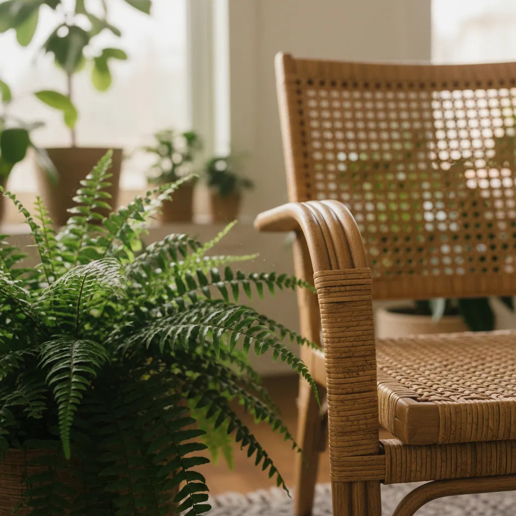 Close up detail of rattan furniture texture next to fern leaves