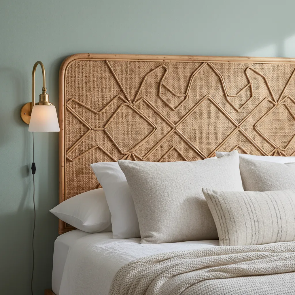 Rattan textures and brass accents in a coastal bedroom