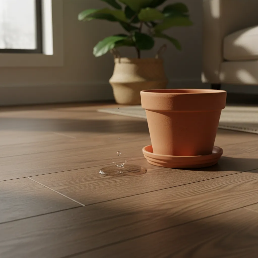 Close up of waterproof vinyl plank flooring with wood grain texture and terracotta pot