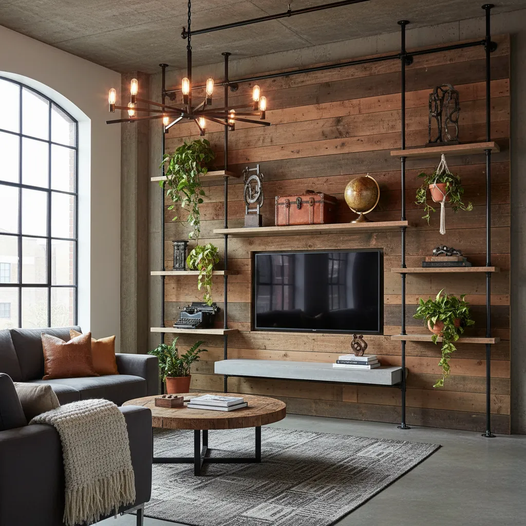 A living room media wall built from reclaimed wood and iron piping