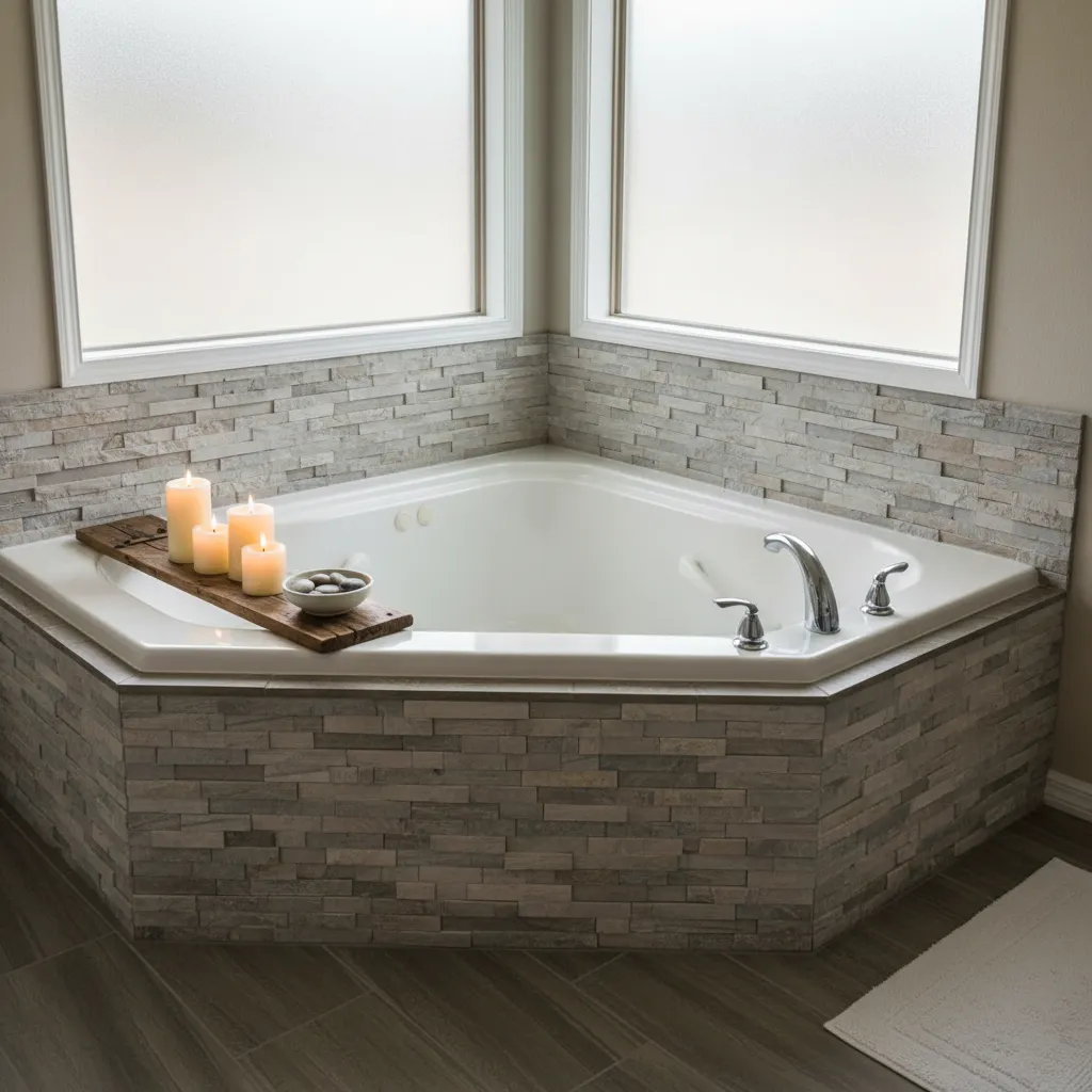 Refinished Garden Tub With Stone Tile Backsplash Corner garden tub remodeled with white finish and stone tiles