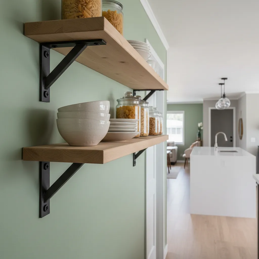 Reinforced Kitchen Walls for Heavy Cabinets Open wood shelving on sage green wall in mobile home kitchen renovation