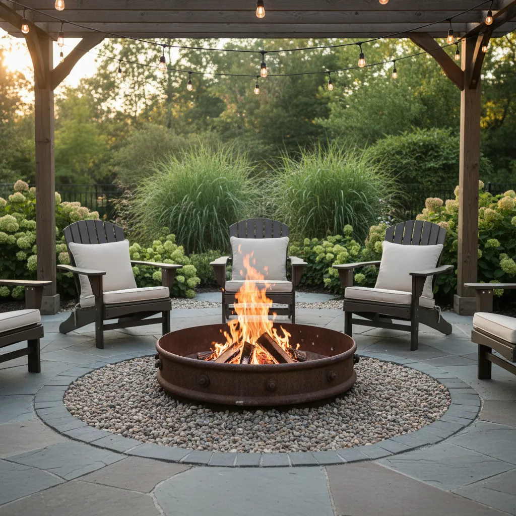 Rustic steel tractor rim fire pit glowing on a bed of fire-safe pea gravel in a cozy budget backyard