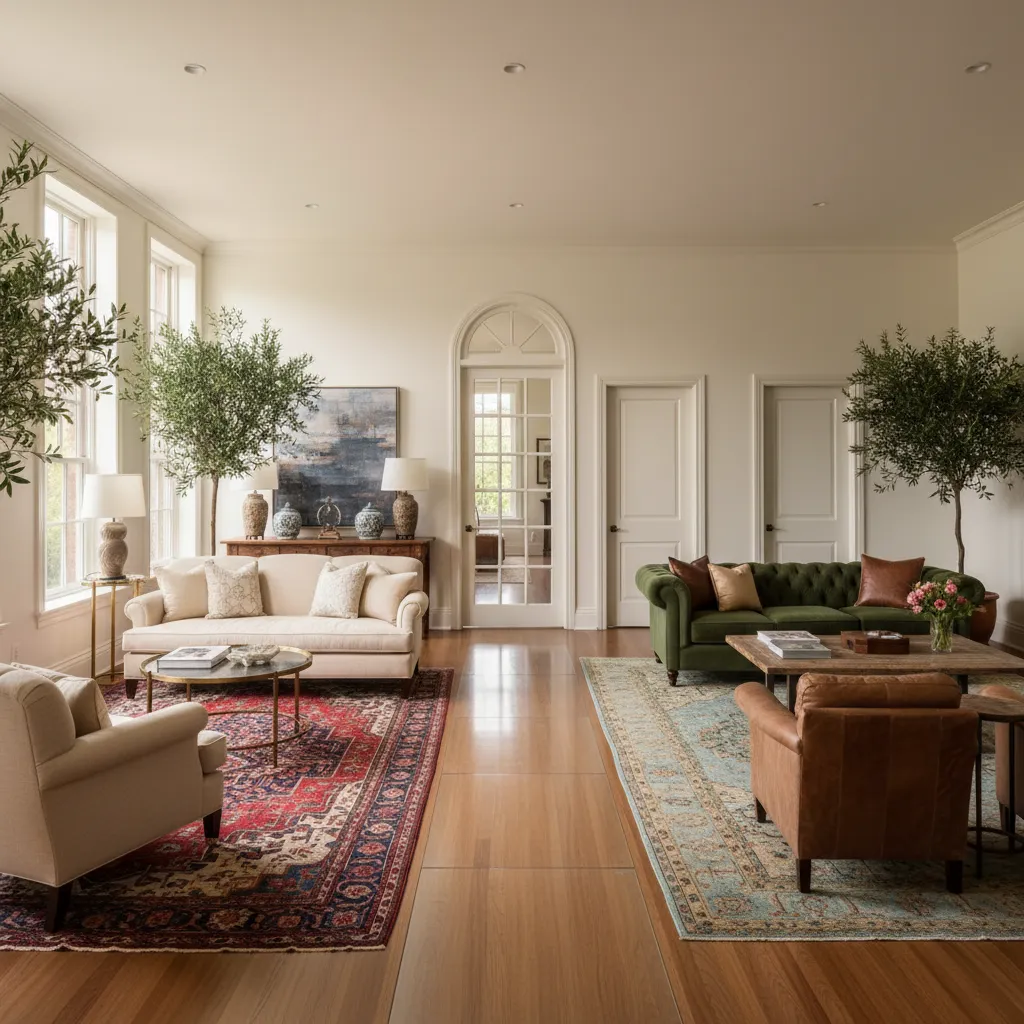 Rug Placement In Narrow Living Room Long narrow living room with multiple doorways using area rugs to define seating zones.