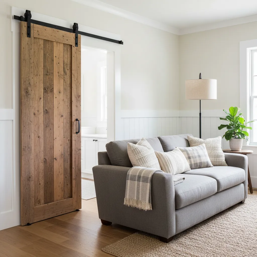 Rustic Barn Door in Modern Mobile Home Interior Wooden sliding barn door on black track in a mobile home living room renovation