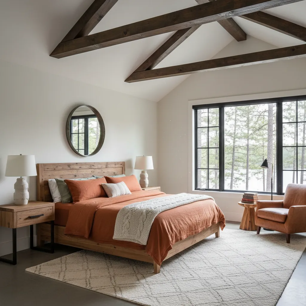 Rustic cabin bedroom interior featuring dark wood faux beams and warm earth tones