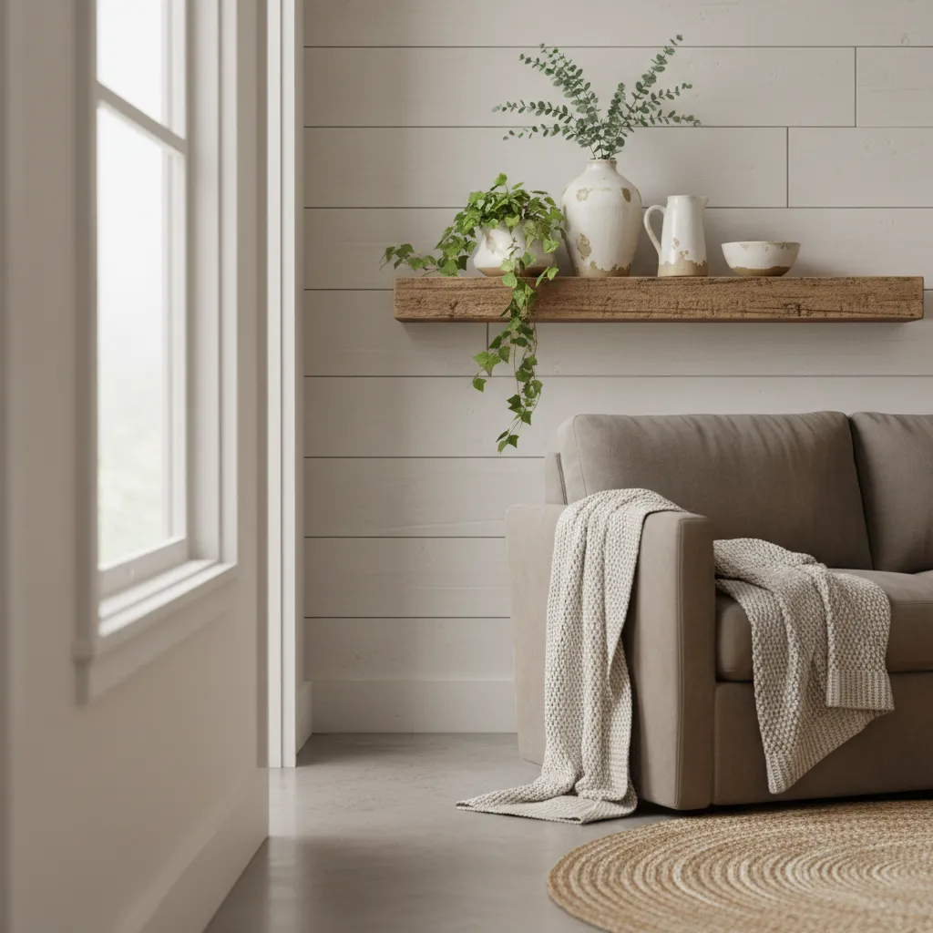 A wooden floating shelf styled with vintage vases and trailing plants