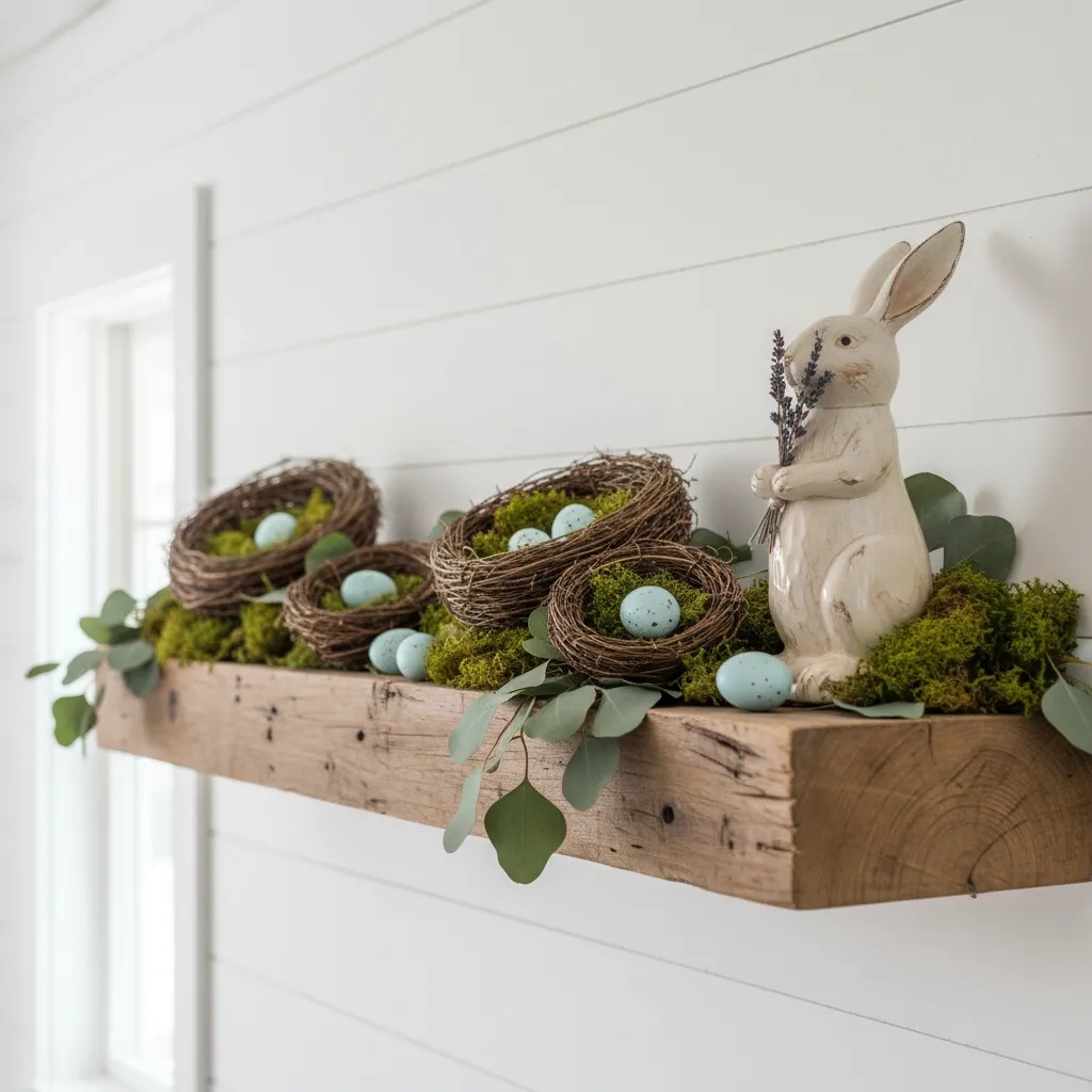 Rustic Farmhouse Easter Mantle Decor Rustic wooden mantle with bird nests and pastel greenery for Easter