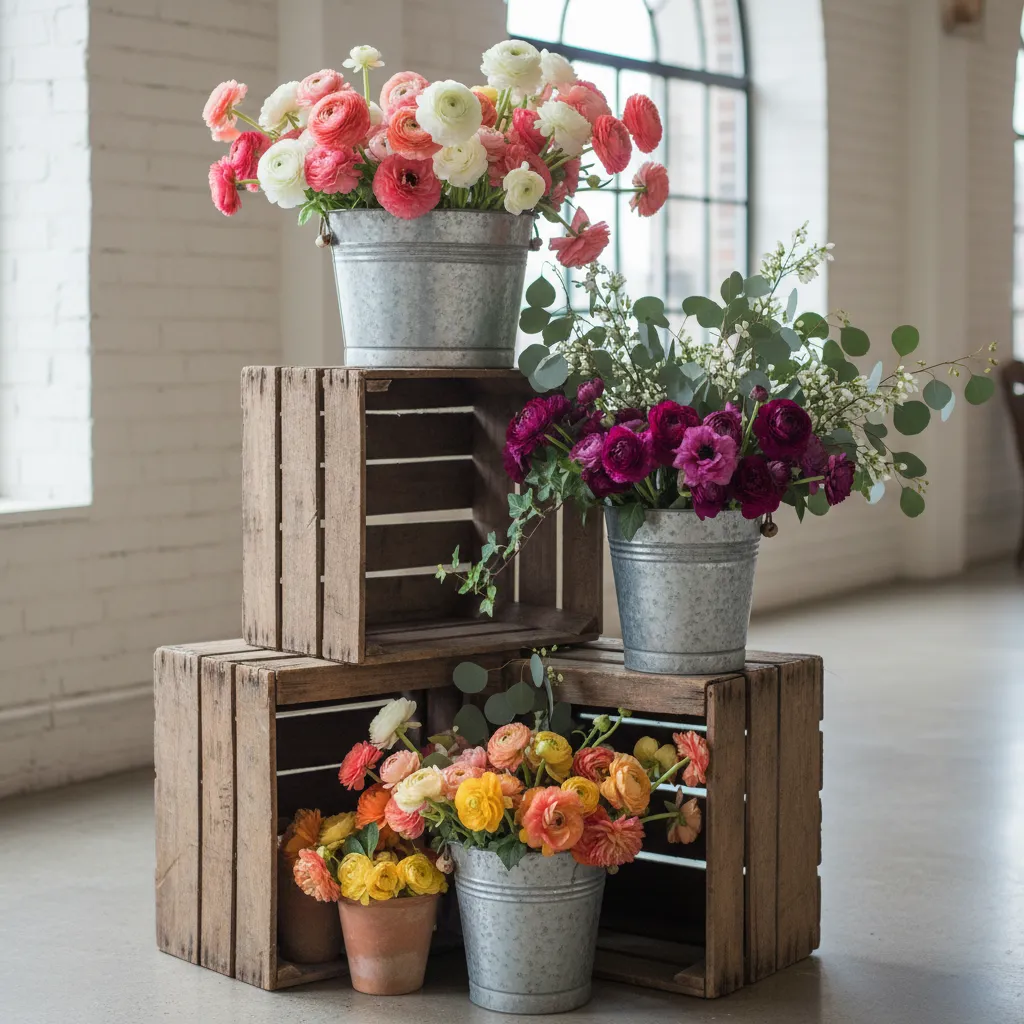 Stacked wooden crates and metal buckets used for a DIY flower bar setup
