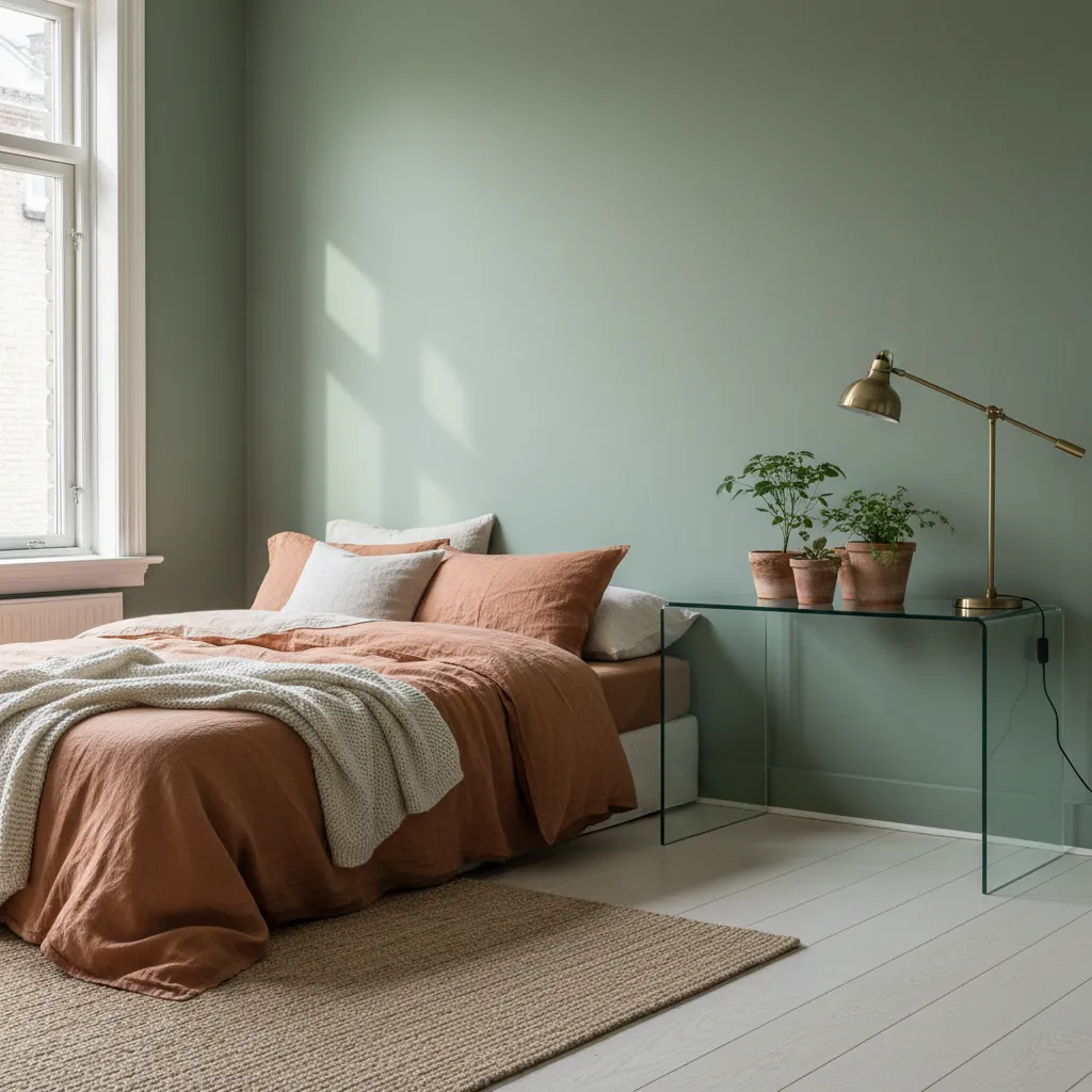 A serene primary bedroom featuring a sage green accent wall, terracotta linen bedding, and a modern glass desk with clay planters.