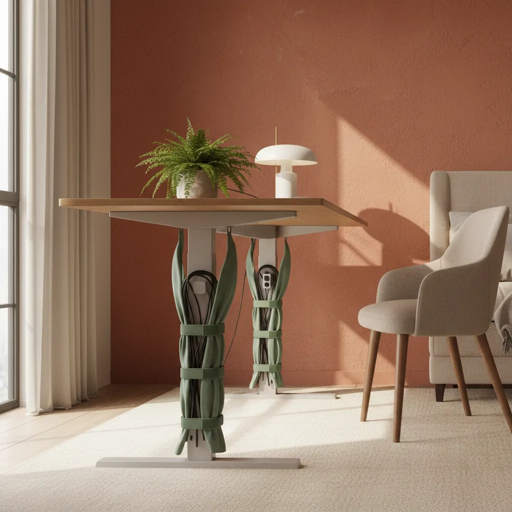 Sage Green Cable Management Standing Desk Modern bedroom standing desk featuring sage green cable sleeves against a warm terracotta wall for a curated workspace.